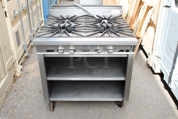 NEW! Montague 36-5A Legend 36" Heavy Duty Natural Gas Range With Four 18" Open Burners & Open Cabinet Base, On Commercial Casters, 120,000 BTU. 36x37x40 6622.00 - Image 1 of 5