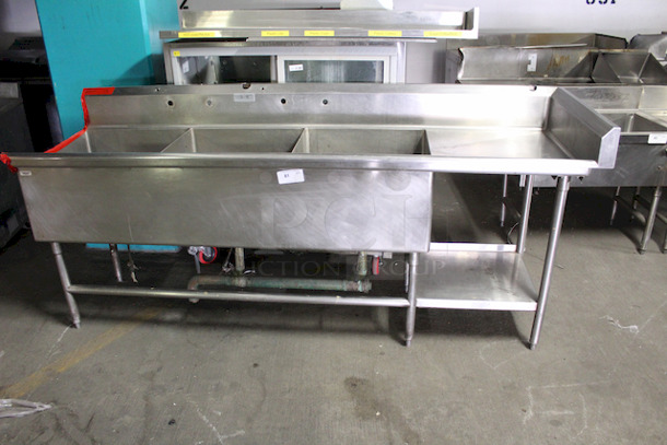 SWEET! Stainless Steel 3 Compartment Sink With Right Side Drain Board, Left Side Hook Up For Pass Through Dishwasher. 94-1/2x30x42
