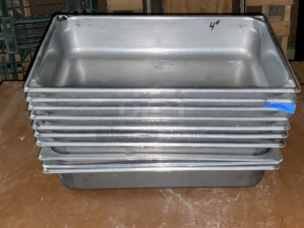 EVERYTHING ON THE SHELVES! Includes 8 Perforated Full Size Pans (2” Deep”), 46 Stainless Steel Milkshake Cups, 3 Full Size Pans (4” Deep), (3) 6” Deep 1/3 Pans, ¼ Pan, 4” Deep Full size Pans, (79)  Aladin Temp-Rite Induction Heated Dishes With (39) Covers and (25) Bowls,  San Jamar SAF-T-ICE Tote.  - Image 7 of 12