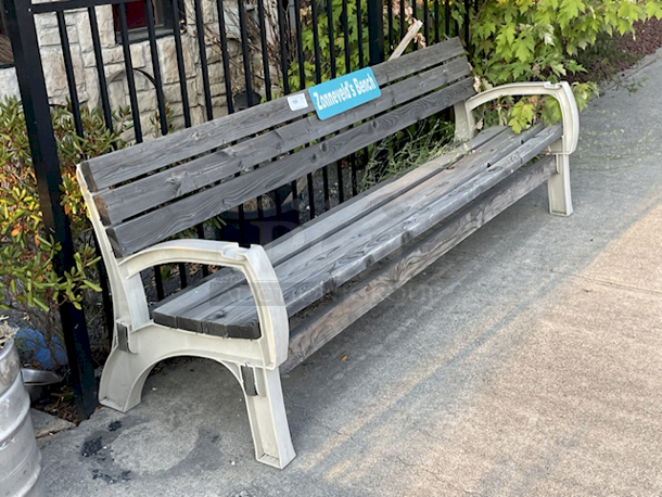 AMAZING!! Large Wooden Bench With Plastic Legs & Cup Holder In Each Arm Rest. "Zonneveld's Bench" Placard Removed - Image 2 of 2