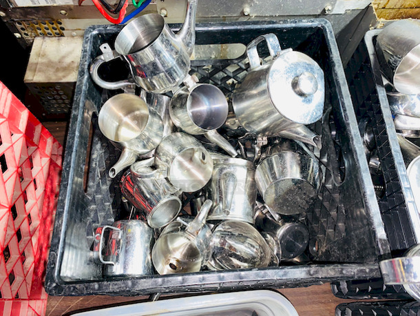 HUMONGOUS! Lot of Buffets/Catering Equipment. 
Includes (2) Crates of individual Frying Pans, (3) Containers of gravy boats, cream dispensers and etc, (1) container of Chefs Knives.  - Image 7 of 12