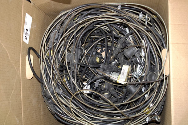 Box Of Outdoor/Indoor Bistroy Light Fixtures With Heavy Duty Braided Steel Cable For Hanging and Hardware.  - Image 3 of 3