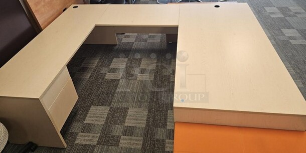 Complete Oak Desk set featuring a desk, bridge and credenza. In excellent like-new condition! 72"L x 103"W.  - Image 2 of 3