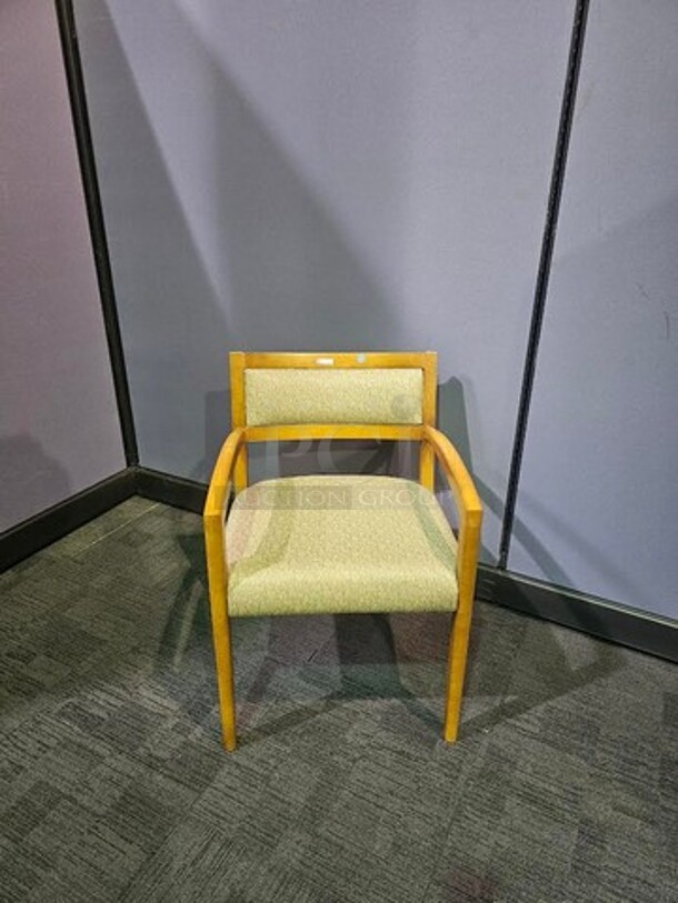 ALL ONE MONEY Set of 4 wooden oak framed guest chairs. Features armrests and a light neutral upholstery. Very nice sturdy chairs, small scratches and signs of use but nothing broken! Measure 32” H x 22” W. 

 - Image 2 of 2