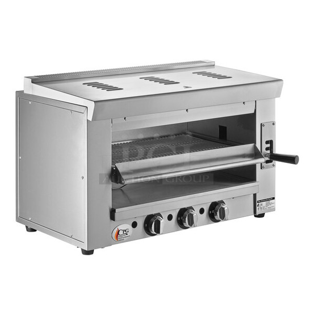 BRAND NEW SCRATCH AND DENT! Cooking Performance Group CPG 351S36SBN Stainless Steel Commercial Natural Gas Powered Salamander Broiler Cheese Melter. 36,000 BTU. Tested and Working!