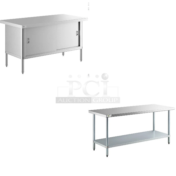 2 BRAND NEW SCRATCH AND DENT! Items Including Regency 600T3072G 30" x 72" 18-Gauge 304 Stainless Steel Commercial Work Table with Galvanized Legs and Undershelf and Steelton 522EBTKD3060D 30" x 60" 16 Gauge Type 430 Stainless Steel Enclosed Base Sliding Door Table. 2 Times Your Bid! May Be Missing Pieces.   - Image 1 of 4