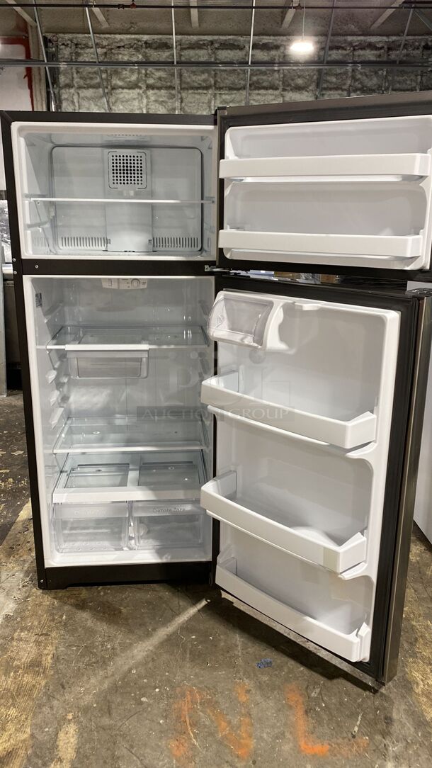 Brand New scratch & Dent 28 Inch Top Freezer Refrigerator with 17.5 Cu. Ft. Capacity, Edge-To-Edge Glass Shelves, Sliding Deli Drawer, Gallon Door Bin, Dairy Compartment, LED Lighting, Upfront Temperature Controls, Sabbath Mode, Frost Free, and Icemaker-Ready
 - Image 2 of 5
