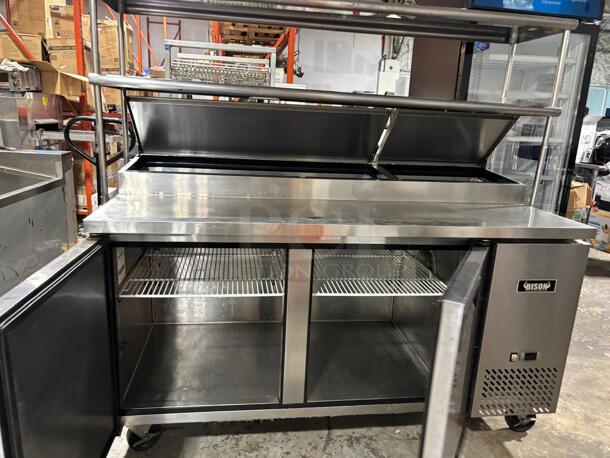Bison Refrigeration BPT-67 Pizza Prep Unit, two-section, 20.0 cu. ft., side mounted self-contained refrigeration, self closing
 - Image 2 of 7