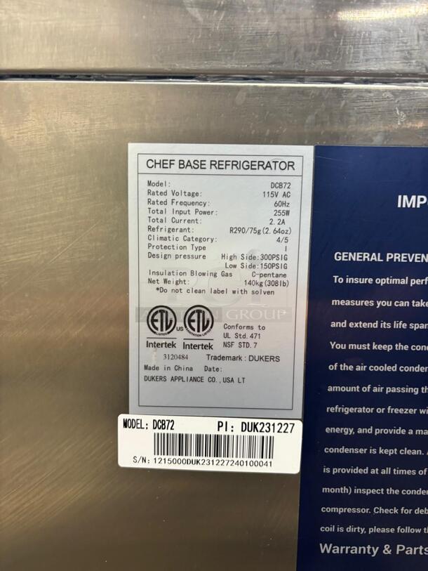 Dukers STAINLESS STEEL Chef Base Refrigerator
 - Image 4 of 7
