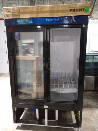 Dukers DSM-40SR Commercial Glass Sliding 2-Door Merchandiser Refrigerator in Black

