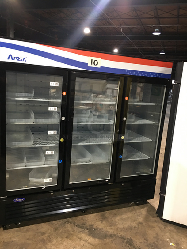 LIKE NEW! BARELY USED! LATE MODEL! 2021 Atosa Commercial 3 Door Reach In Cooler  Merchandiser! With View Through Doors! Still Under Manufacturers Warranty! With Poly Coated Racks And Rack Storage Bins! (Still Under Manufacture Warranty) Model: MCF8724GR SN: MCF8724GRAUS100321033000C40010 115V 60HZ 1 Phase