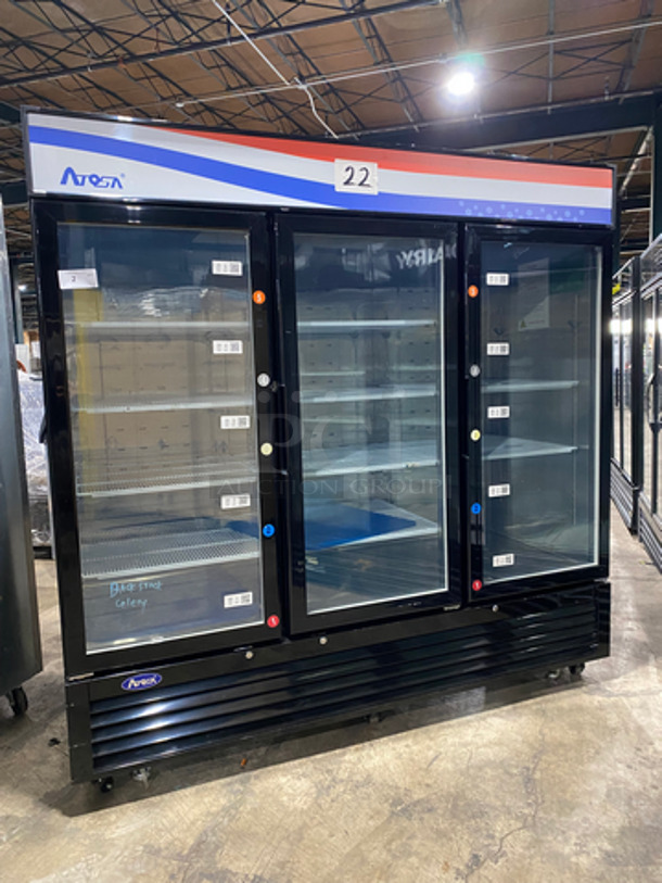 LATE MODEL! 2021 Atosa Commercial 3 Door Reach In Cooler Merchandiser! With View Through Doors! With Poly Coated Racks! Still Under Manufacture Warranty! Model: MCF8724GR SN: MCF8724GRAUS100321031900C40008 115V 60HZ 1 Phase