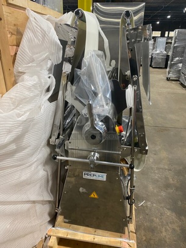 WOW! BRAND NEW! IN THE CRATE! Prepline Commercial Floor Style Reversible Dough Sheeter! Stainless Steel Body! Model: FSS120 SN: E21520179 120V 60HZ 1 Phase - Image 4 of 10
