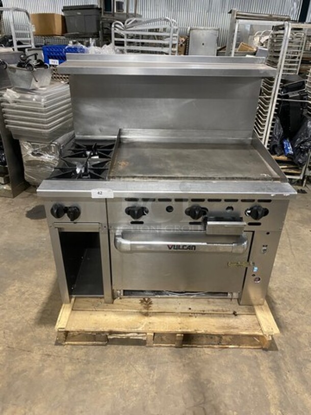 WOW! Vulcan Commercial Natural Gas Powered Flat Top Griddle With 2 Burner! Flat Griddle Has Side Splashes! With Raised Back Splash And Salamander Shelf! With Oven Underneath! All Stainless Steel! On Casters! Model: 48C2B36GN SN: 650094075