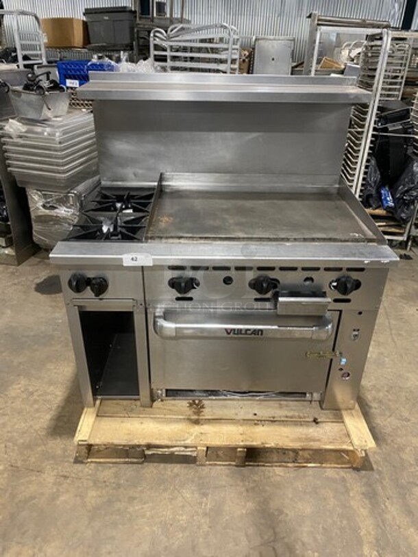 WOW! Vulcan Commercial Natural Gas Powered Flat Top Griddle With 2 Burner! Flat Griddle Has Side Splashes! With Raised Back Splash And Salamander Shelf! With Oven Underneath! All Stainless Steel! On Casters! Model: 48C2B36GN SN: 650094075 - Image 1 of 8