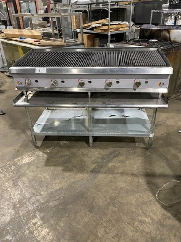 NEW! OUT OF THE BOX! CPG Commercial Countertop Natural Gas Powered Char Broiler Grill! With Back And Side Splashes! On Small Legs! On Equipment Stand! With Storage Space Underneath! All Stainless Steel! On Legs! SN: 2107003725