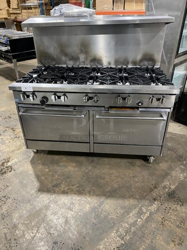 GREAT! Sunfire Commercial Natural Gas Powered 10 Burner Stove! With Raised Back Splash And Salamander Shelf! With 2 Full Size Oven Underneath! All Stainless Steel! On Casters!