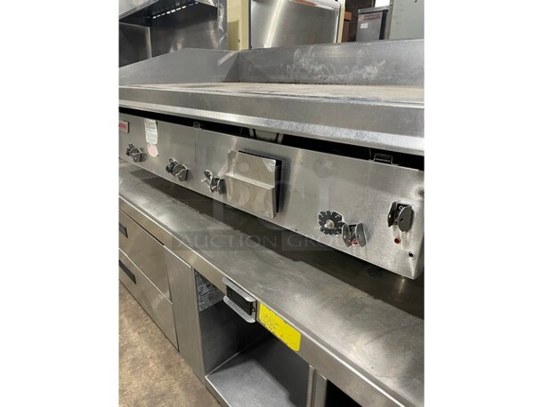 WOW! Lang Natural Gas Powered Heavy Duty Commercial Mirror Shine/Polished Top 48 Inch Thermostatic Controlled Flat Top Griddle! On Two Drawer 60 Inch Refrigerated Chef Base! On Casters! 2 X Your Bid! - Image 6 of 11