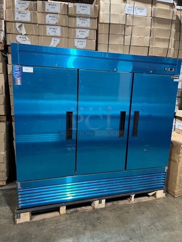COOL! NEW! SCRATCH-N-DENT! Dukers Commercial 3 Door Reach In Cooler! Poly Coated Racks! All Stainless Steel! COMPRESSOR REMOVED, NO COMPRESSOR!