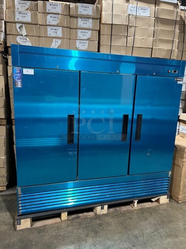 COOL! NEW! SCRATCH-N-DENT! Dukers Commercial 3 Door Reach In Cooler! Poly Coated Racks! All Stainless Steel! COMPRESSOR REMOVED, NO COMPRESSOR! - Image 1 of 7