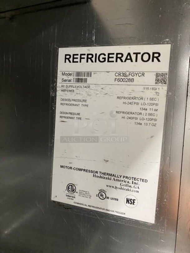 COOL! Hoshizaki Commercial 3 Door Reach In Cooler Merchandiser! With View Through Doors! Poly Coated Racks! All Stainless Steel Body! Model: CR3SFGYCR SN: F60028B 115V 60HZ 1 Phase - Image 8 of 9