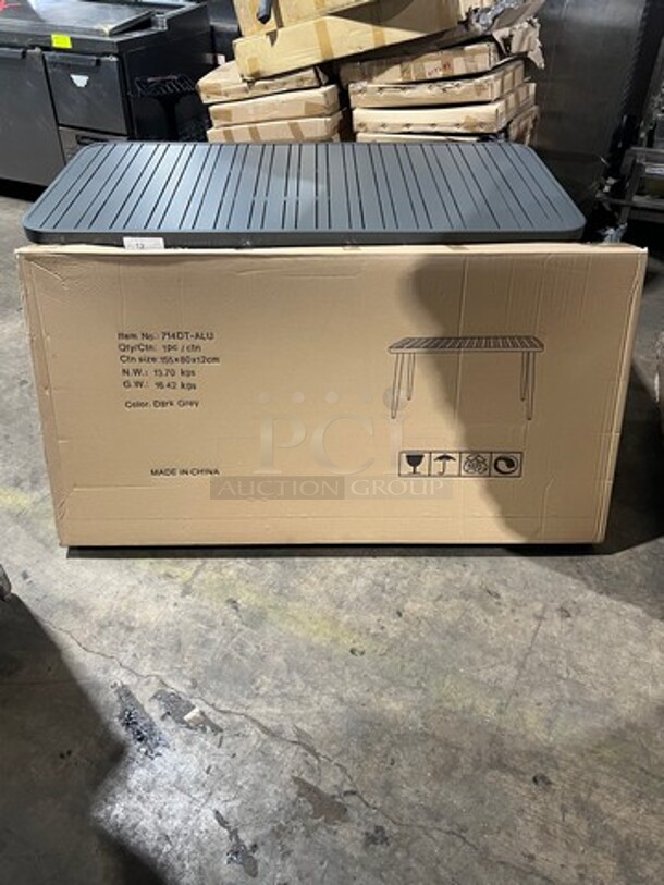 Brand New In The Box! DT All Alluminum Dark Gray Slats Dining Table! 30" By 60" With Legs! Perfect For Outdoors!  - Image 1 of 9