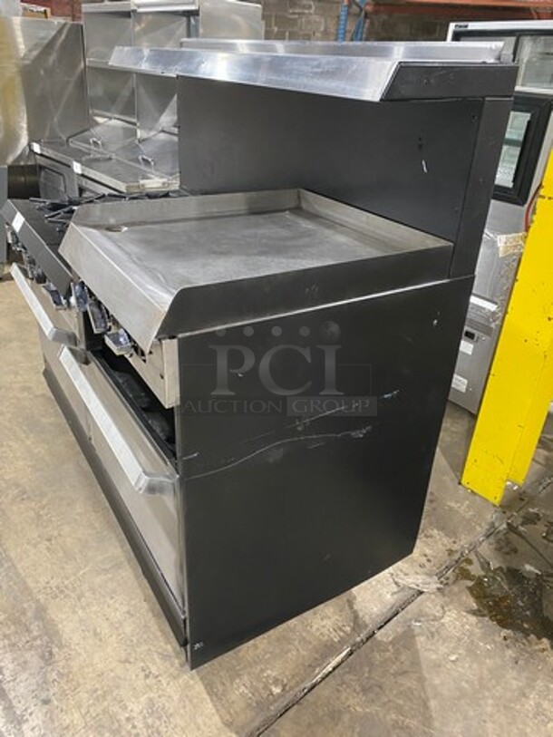 Commercial Natural Gas Powered 6 Burner Stove With Right Side Flat Griddle! Griddle Has Side Splashes! With Raised Back Splash And Salamander Shelf! With 2 Oven Underneath! Metal Oven Racks! All Stainless Steel! On Casters! - Image 2 of 11