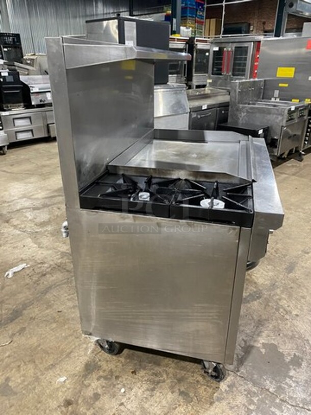 RARE FIND! ALL STAINLESS STEEL VULCAN Natural Gas Powered 36 " Flat Griddle With 2 Burner Hot Plate Combo! With 2 Ovens Underneath! On Commercial Casters With Raised Blacksplash and Salamander shelf!  - Image 3 of 9