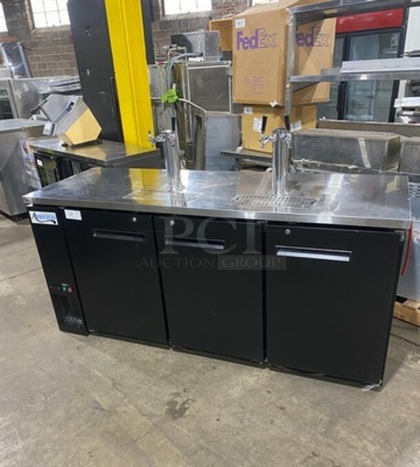NICE!  Late Model Avantco Commercial Refrigerated Dual Tower Kegerator! With Towers! With 3 Door Storage Space Underneath! Poly Coated Racks! Model: 178UDD378 SN: 6436334321083608 115V 60HZ 1 Phase