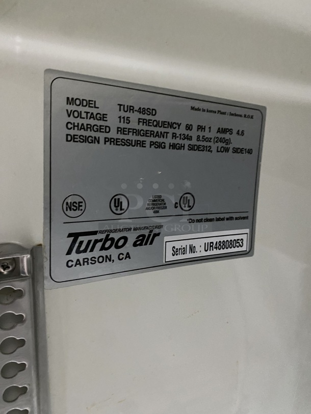 TURBO AIR Undercounter 2 Door Stainless Steel Refrigerator W/ Poly Coated Racks!  On Casters! Model TUR-48SD Serial UR48808053 115V/60Hz/1 Phase  - Image 7 of 8