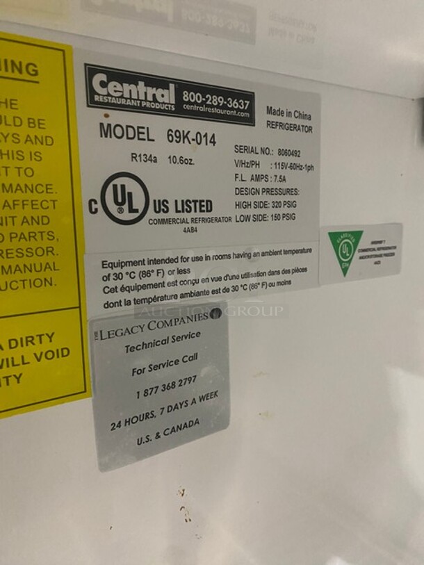 Sweet! LATE MODEL! Central Commercial Refrigerated Pizza Prep Table! With Full Length Removable Cutting Board! With 2 Door Refrigerated Storage Underneath! With Poly Coated Racks! 115V 1 Phase! Model: 69K014 SN: 8060492! On Commercial Casters! Working When Removed!  - Image 9 of 12