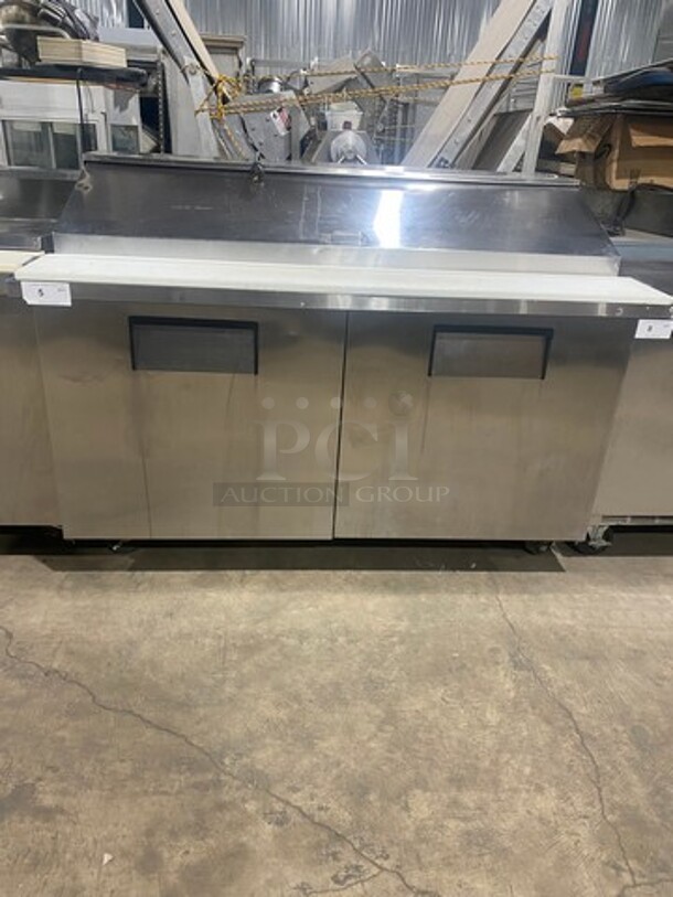 True Commercial Refrigerated Sandwich Prep Table! With Commercial Cutting Board! With 2 Door Underneath Storage Space! All Stainless Steel! On Casters! Model: QA6024MB SN: 13867430 115V 60HZ 1 Phase