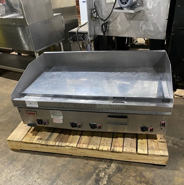 Sweet! Lang Commercial Countertop Natural Gas Powered Mirror Shine Polish Top Flat Top Griddle! With Back And Side Splashes! All Stainless Steel! MODEL 2486CNATSH SN:GT2480818A0001  - Image 1 of 10