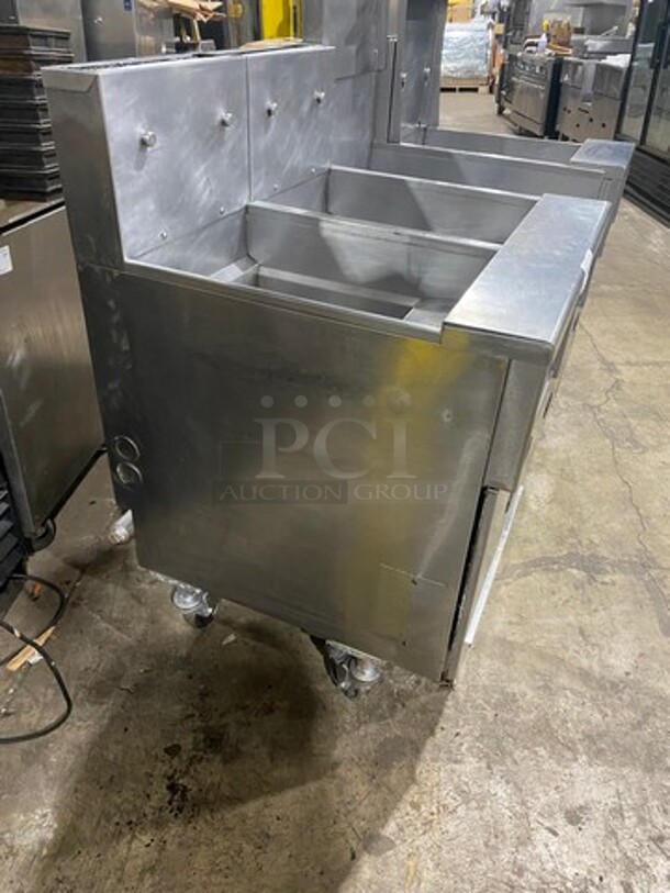 FAB! Pitco Frialator Commercial Natural Gas Powered 3 Bay Deep Fat Fryer! With Middle Fryer Basket Rack! With Oil Filter System! All Stainless Steel! On Casters! Model: SGH50 SN: G09DC011392 - Image 2 of 12