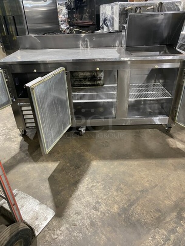 Leader Commercial Refrigerated Sandwich Prep Table! With Back Splash! With 3 Door Storage Space Underneath! Poly Coated Racks! All Stainless Steel! On Casters! Model: LM72S/C SN: PR010562 115V 60HZ 1 Phase - Image 5 of 10