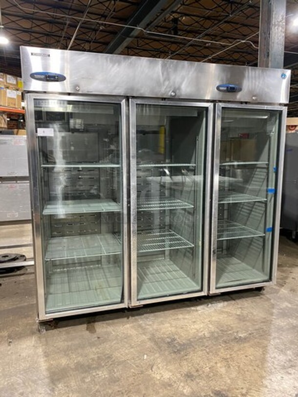 COOL! Hoshizaki Commercial 3 Door Reach In Refrigerator Merchandiser! With View Through Doors! Poly Coated Racks! All Stainless Steel! On Casters! Model: CR3BFGY SN: D80055J 115V 60HZ 1 Phase! Working When Removed!