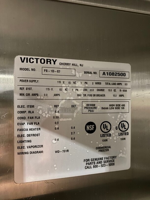 Victory Commercial Single Door Reach In Freezer! All Stainless Steel! On Legs! Model: FS1DS7EW SN: A1082500 115V 1PH - Image 6 of 7