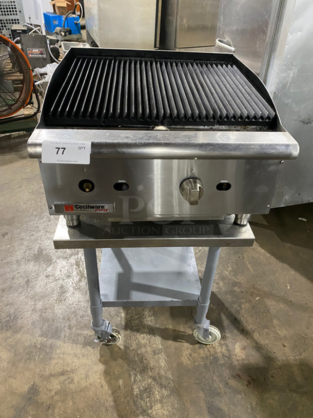 Cecilware Pro Commercial Countertop Natural Gas Powered Char Broiler Grill! With Back And Side Splashes! On Small Legs! On Equipment Stand! With Storage Space Underneath! All Stainless Steel! On Casters! Model: CCP24