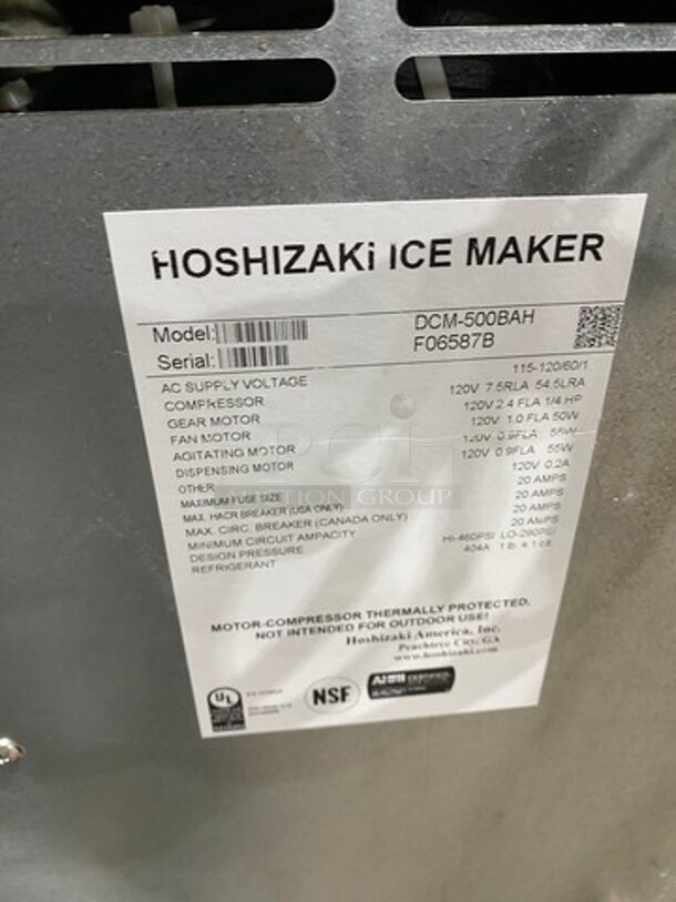 Hoshizaki Commercial Countertop Ice Maker/Dispenser And Water Dispenser! All Stainless Steel! Model: DCM500BAH SN: F06587B 115/120V 60HZ 1 Phase - Image 5 of 9