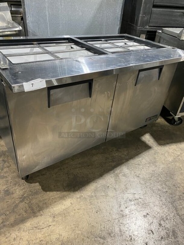 True Commercial Refrigerated Sandwich Prep Table! With 2 Door Underneath Storage Space! With Poly Coated Racks! All Stainless Steel! On Casters! WORKING WHEN REMOVED! Model: TSSU6024MBST SN: 7169280 115V 60HZ 1 Phase