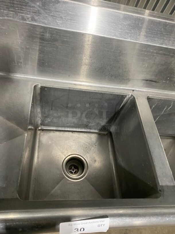 Commercial 3 Compartment Dish Washing Sink! With Single Side Drain Board! With Back Splash! All Stainless Steel! On Legs! - Image 6 of 9