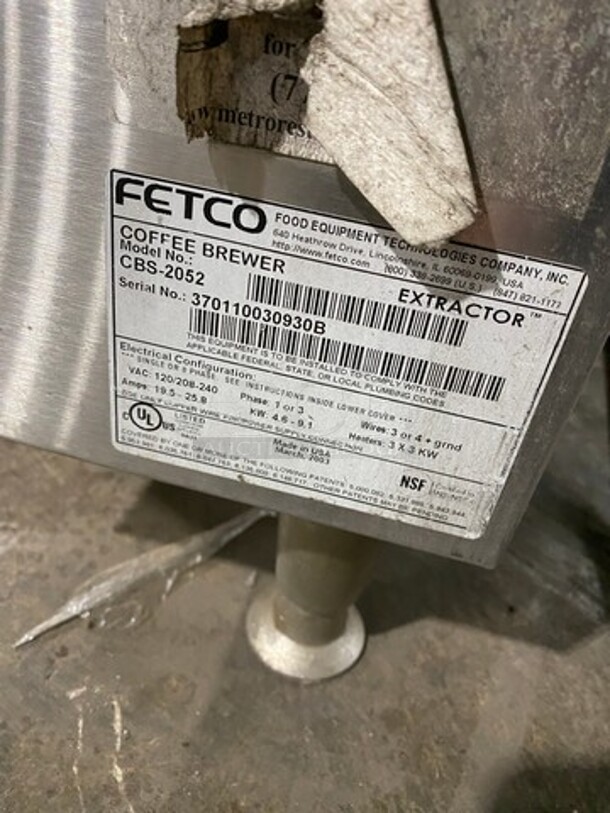 Fetco Commercial Countertop Dual Side Coffee Brewer! All Stainless Steel! On Legs! Model: CBS2052 SN:370110030930B 120/208/240V 60HZ 1/3 Phase - Image 7 of 8