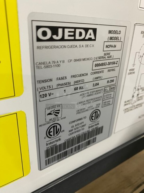 SCRATCH-N-DENT! Ojeda Commercial Reach Down Chest Freezer/ Cooler! With Hinged Top Lid! Model: NCFH34 SN: 000485330156Z 120V 60HZ 1 Phase - Image 8 of 9