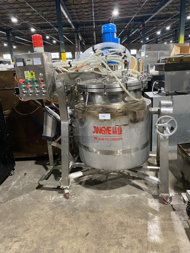 AMAZING! Jingye Commercial Automatic High Pressure Cooker Machine! With Unifiller Commercial Depositor/ Dispenser Machine! All Stainless Steel! On Casters!