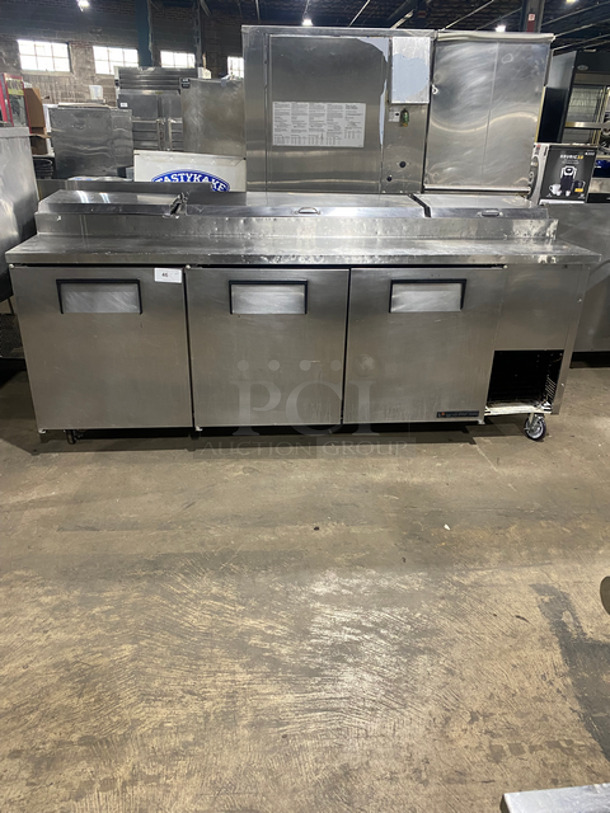 True Commercial Refrigerated 3 Door Pizza Prep Table! All Stainless Steel! On Casters! Model: TPP93 SN: 13456293 115V 60HZ 1 Phase