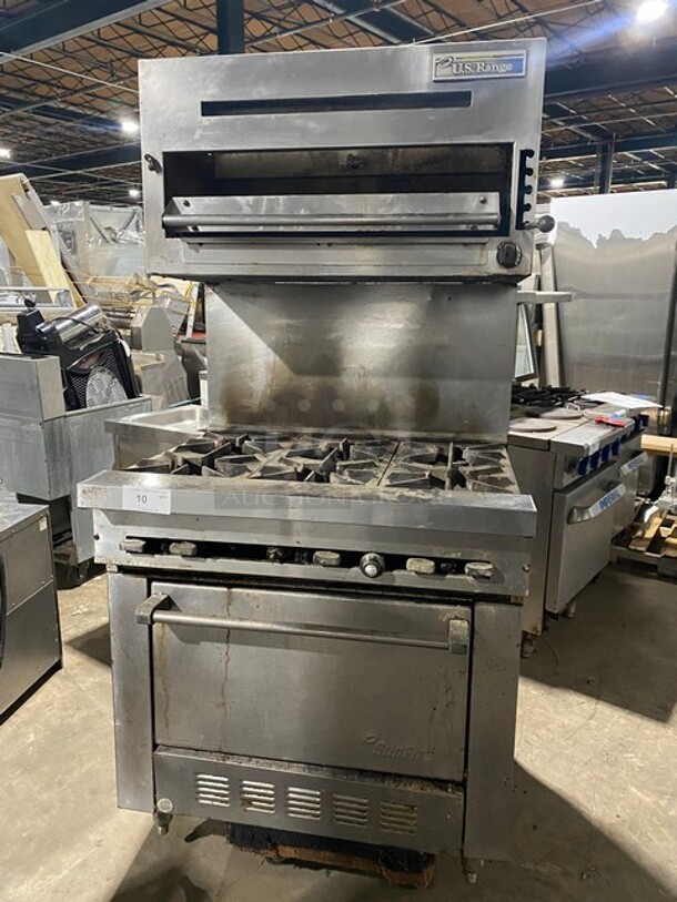 Sunfire Commercial Natural Gas Powered 6 Burner Stove! With Raised Backsplash & US Range Cheese Melter/Salamander Overhead! With Full Size Oven Underneath! All Stainless Steel! On Legs!