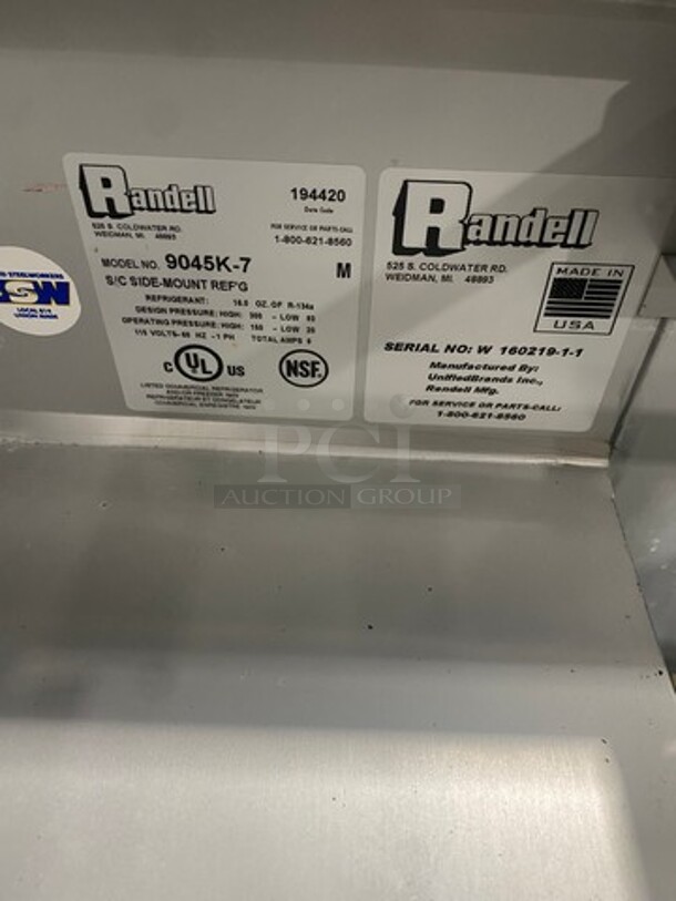 Randell Custom Made Commercial Refrigerated Sandwich Prep Table! With Lowering Sneeze Guard! With 2 Door Storage Space Underneath! All Stainless Steel! Model: 9045K7 SN: W16021911 115V 60HZ 1 Phase - Image 9 of 10