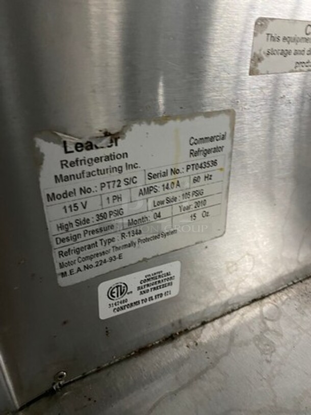 Leader Commercial Refrigerated Marble Top Pizza Prep Table! With 3 Door Underneath Storage Space! All Stainless Steel! On Casters! Model: PT72 SN: PT043536 115V 60HZ 1 Phase! Working When Removed!  - Image 7 of 10