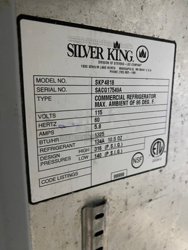 Silver King Commercial Refrigerated Sandwich Prep Table! With 2 Door Storage Space Underneath! All Stainless Steel! On Casters! Model: SKP4818 SN: SACG17549A 115V - Image 7 of 9