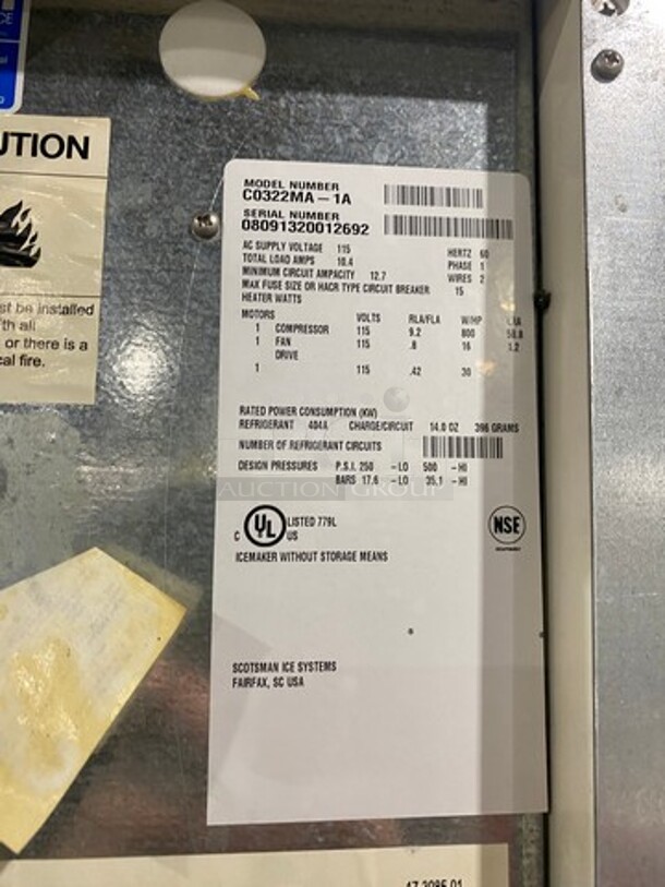 Scotsman Commercial Ice Maker Machine! With Commercial Ice Bin! All Stainless Steel! Legs! Model: C0322MA1A SN: 08091320012692 115V 60HZ 1 Phase - Image 7 of 10